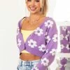 Miss Sparkling Tops Lilac Daisy Button Front Cropped Knit Cardigan