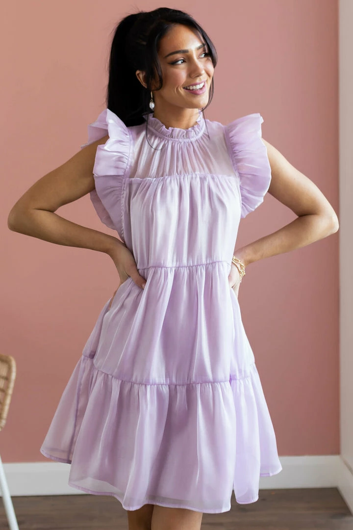 Entro Lilac Glossy Short Dress With Flutter Sleeves 3 Entro Lilac Glossy Short Dress With Flutter Sleeves