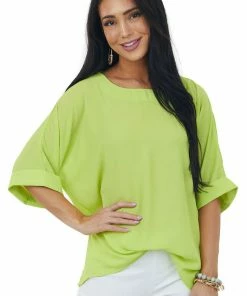 Glam Lime Green Half Cuffed Sleeve Side Slit Blouse