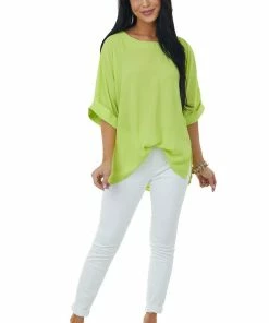 Glam Lime Green Half Cuffed Sleeve Side Slit Blouse