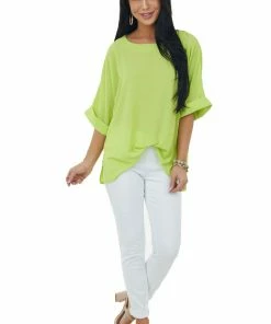 Glam Lime Green Half Cuffed Sleeve Side Slit Blouse