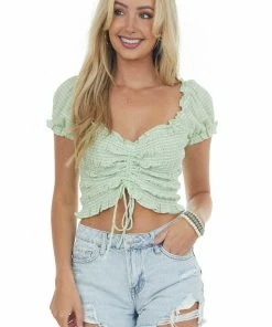 Lush Clothing Tops Lime Striped Ruffle Ruched Drawstring Crop Top