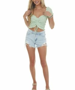 Lush Clothing Tops Lime Striped Ruffle Ruched Drawstring Crop Top