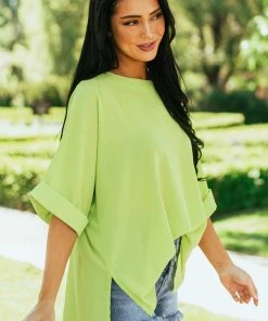 Glam Lime Green Half Cuffed Sleeve Side Slit Blouse