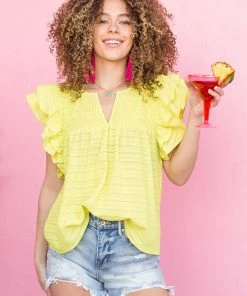 Glam Lime Smocked Yoke Notch Neck Textured Blouse