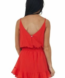 She + Sky Lipstick Cami Ruffle Romper With Smocked Waist Tie Night Out