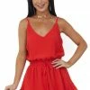 She + Sky Lipstick Cami Ruffle Romper With Smocked Waist Tie Night Out