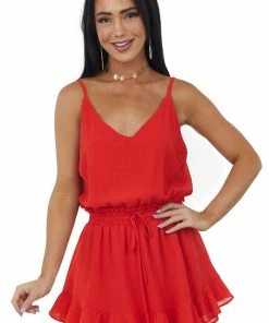 She + Sky Lipstick Cami Ruffle Romper With Smocked Waist Tie Night Out