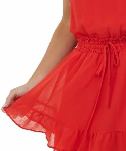 She + Sky Lipstick Cami Ruffle Romper With Smocked Waist Tie Night Out