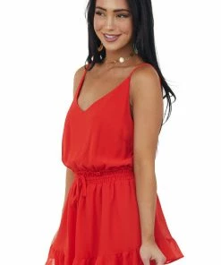 She + Sky Lipstick Cami Ruffle Romper With Smocked Waist Tie Night Out