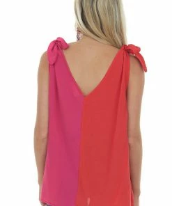 Haptics Tops Lipstick Colorblock V Neck Tie Strap Blouse