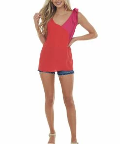 Haptics Tops Lipstick Colorblock V Neck Tie Strap Blouse