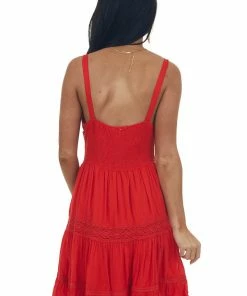 Easel Lipstick Crochet Lace V Neck Ruffle Hem Dress Dresses