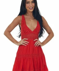 Easel Lipstick Crochet Lace V Neck Ruffle Hem Dress Dresses