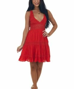 Easel Lipstick Crochet Lace V Neck Ruffle Hem Dress Dresses
