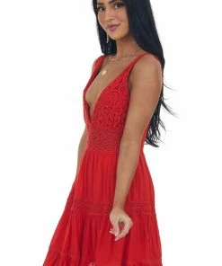 Easel Lipstick Crochet Lace V Neck Ruffle Hem Dress Dresses