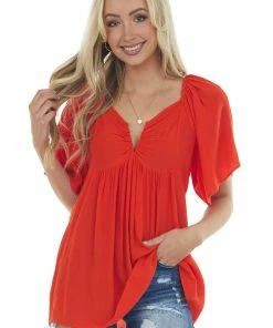 Umgee Tops Lipstick Notch Neck Flowy High Low Tunic Blouse