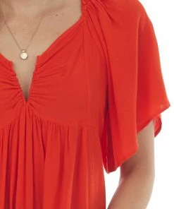 Umgee Tops Lipstick Notch Neck Flowy High Low Tunic Blouse
