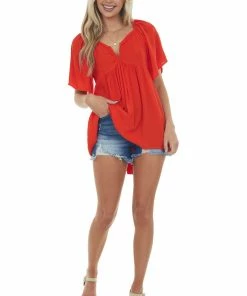 Umgee Tops Lipstick Notch Neck Flowy High Low Tunic Blouse