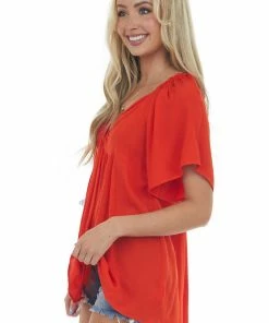 Umgee Tops Lipstick Notch Neck Flowy High Low Tunic Blouse