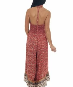 ANGIE Lipstick Printed Halter Neck Sleeveless Jumpsuit Dresses