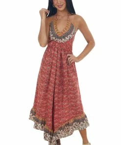 ANGIE Lipstick Printed Halter Neck Sleeveless Jumpsuit Dresses