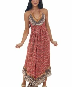 ANGIE Lipstick Printed Halter Neck Sleeveless Jumpsuit Dresses