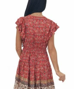 ANGIE Lipstick Printed Surplice Tassel Tie Mini Dress Dresses