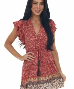 ANGIE Lipstick Printed Surplice Tassel Tie Mini Dress Dresses