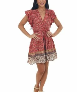 ANGIE Lipstick Printed Surplice Tassel Tie Mini Dress Dresses