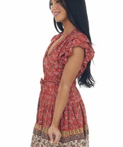 ANGIE Lipstick Printed Surplice Tassel Tie Mini Dress Dresses