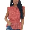 Hayden Lipstick Red Clover Print Smocked Tie Neck Top Tops