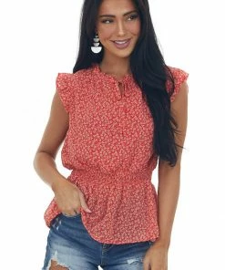 Hayden Lipstick Red Clover Print Smocked Tie Neck Top Tops