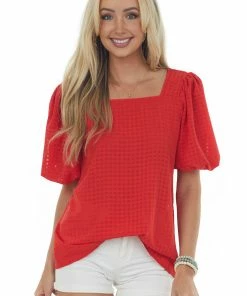 First Love Lipstick Red Gingham Puff Sleeve Square Neck Top Tops
