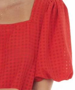 First Love Lipstick Red Gingham Puff Sleeve Square Neck Top Tops
