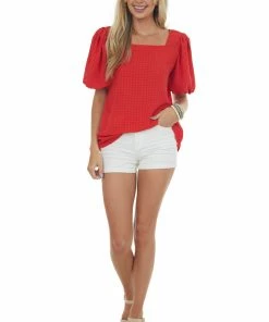 First Love Lipstick Red Gingham Puff Sleeve Square Neck Top Tops