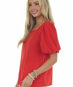 First Love Lipstick Red Gingham Puff Sleeve Square Neck Top Tops