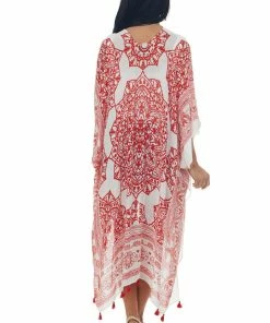 ANGIE Kimonos Lipstick Red Mandala Printed Kimono With Tassels
