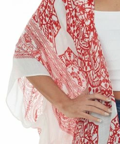 ANGIE Kimonos Lipstick Red Mandala Printed Kimono With Tassels