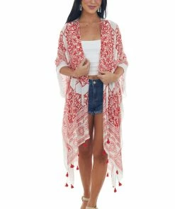 ANGIE Kimonos Lipstick Red Mandala Printed Kimono With Tassels