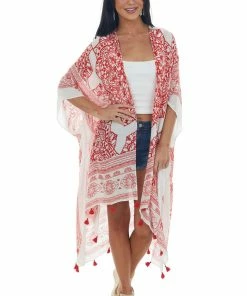 ANGIE Kimonos Lipstick Red Mandala Printed Kimono With Tassels