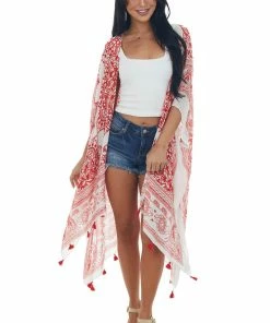 ANGIE Kimonos Lipstick Red Mandala Printed Kimono With Tassels