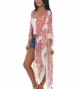 ANGIE Kimonos Lipstick Red Mandala Printed Kimono With Tassels