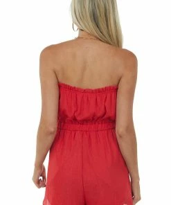 Andree Lipstick Red Shimmer Sleeveless Front Tie Romper