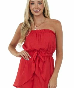 Andree Lipstick Red Shimmer Sleeveless Front Tie Romper