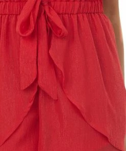 Andree Lipstick Red Shimmer Sleeveless Front Tie Romper