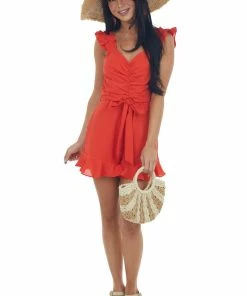 She + Sky Dresses Lipstick Ruched Bust Waist Tie Woven Romper 10 She + Sky Dresses Lipstick Ruched Bust Waist Tie Woven Romper