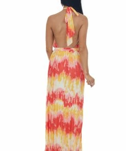 Flying Tomato Lipstick And Deep Lemon Printed Halter Maxi Dress
