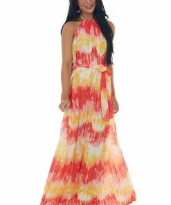 Flying Tomato Lipstick And Deep Lemon Printed Halter Maxi Dress