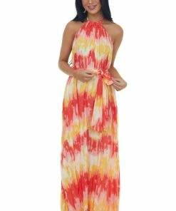 Flying Tomato Lipstick And Deep Lemon Printed Halter Maxi Dress